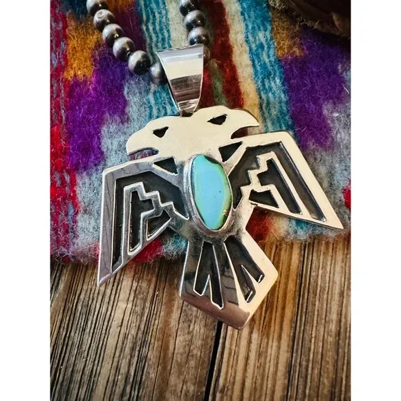 Handcrafted Sterling Silver & Turquoise Thunderbird Pendant